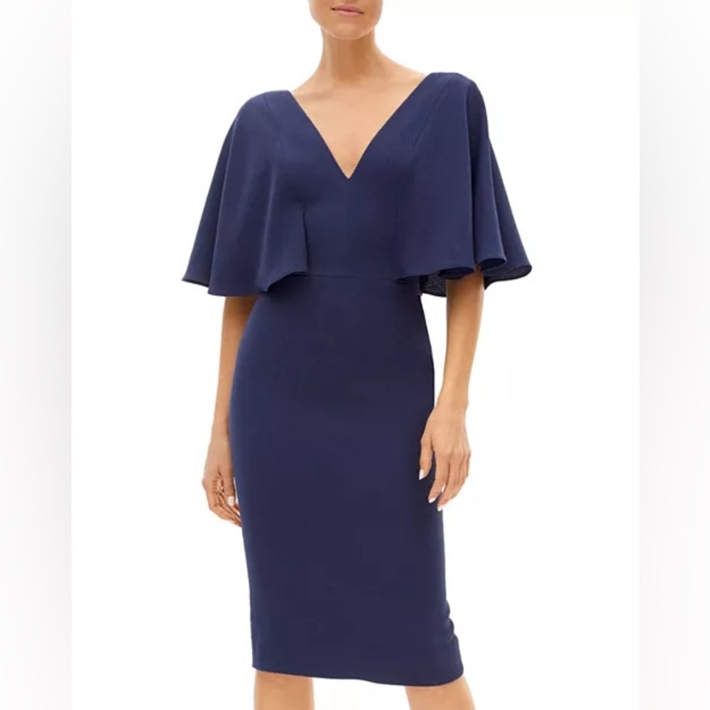 NWT Dress the Population Louisa Flutter Sleeve Sheath Dress Large Navy Blue
